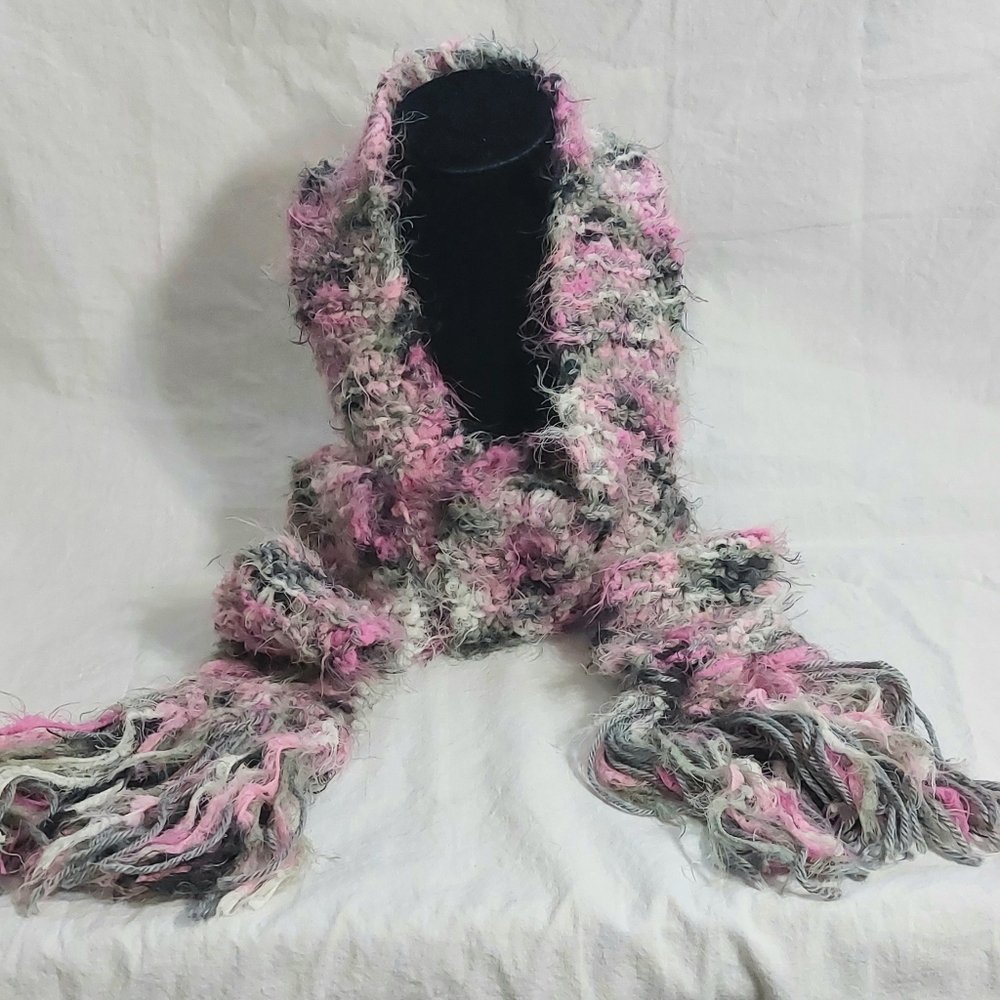Handmade Knitted Womens Scarf. Pink, Gray, White, Black